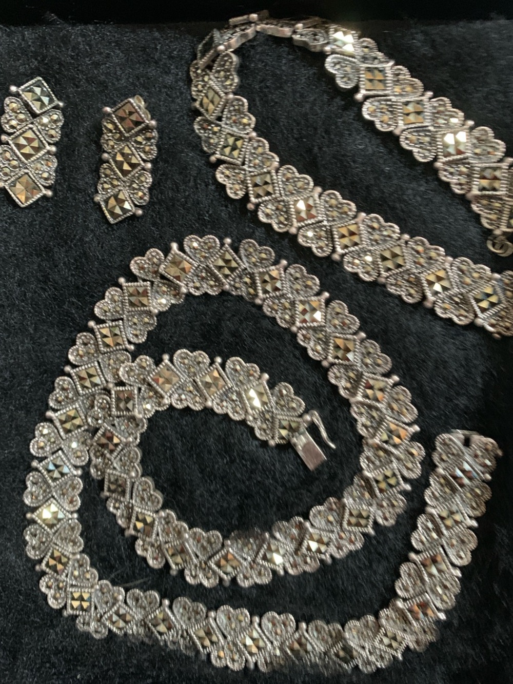Classic Silver Marcasite Heart Link Jewelry Set - Necklace, Bracelet & Earrings